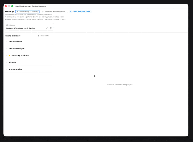 Sideline Captions Roster Manager